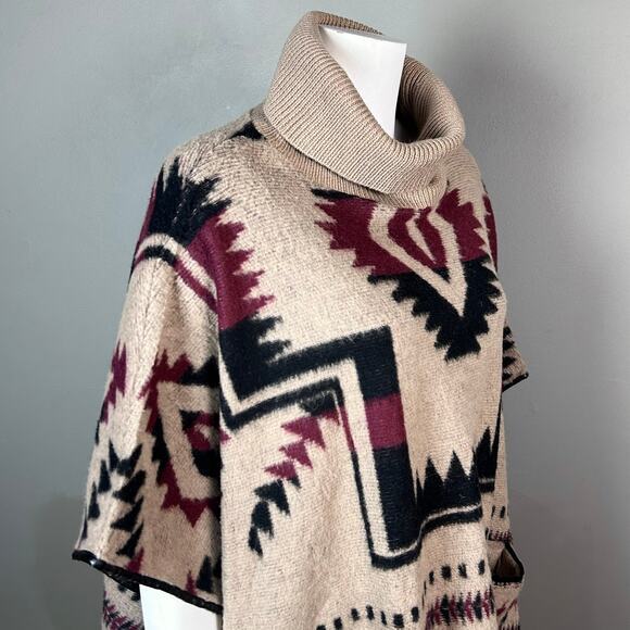 Lucky Brand sweater poncho one size aztec Vintage turtle neck‎ western wool - Picture 5 of 14